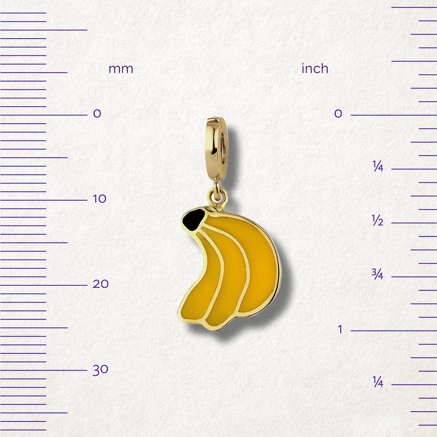 Measurement view of Banana Bliss Charm by whywhy NYC, 14K gold charm with yellow enamel, approx. 26mm in length.