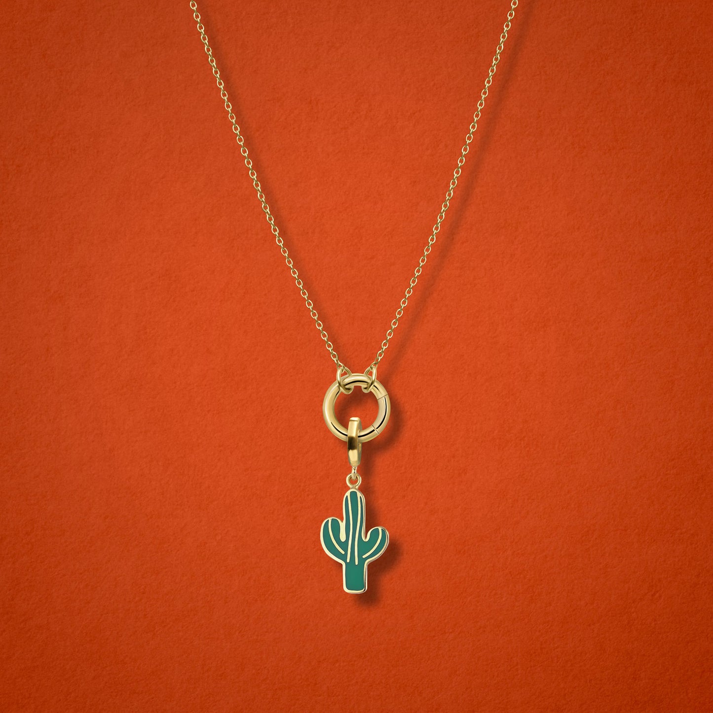 Close-up of the Desert Bloom Charm paired with the Golden Grace Cable Chain, crafted in 14K solid gold by whywhy NYC, for a bold and nature-inspired jewelry style.