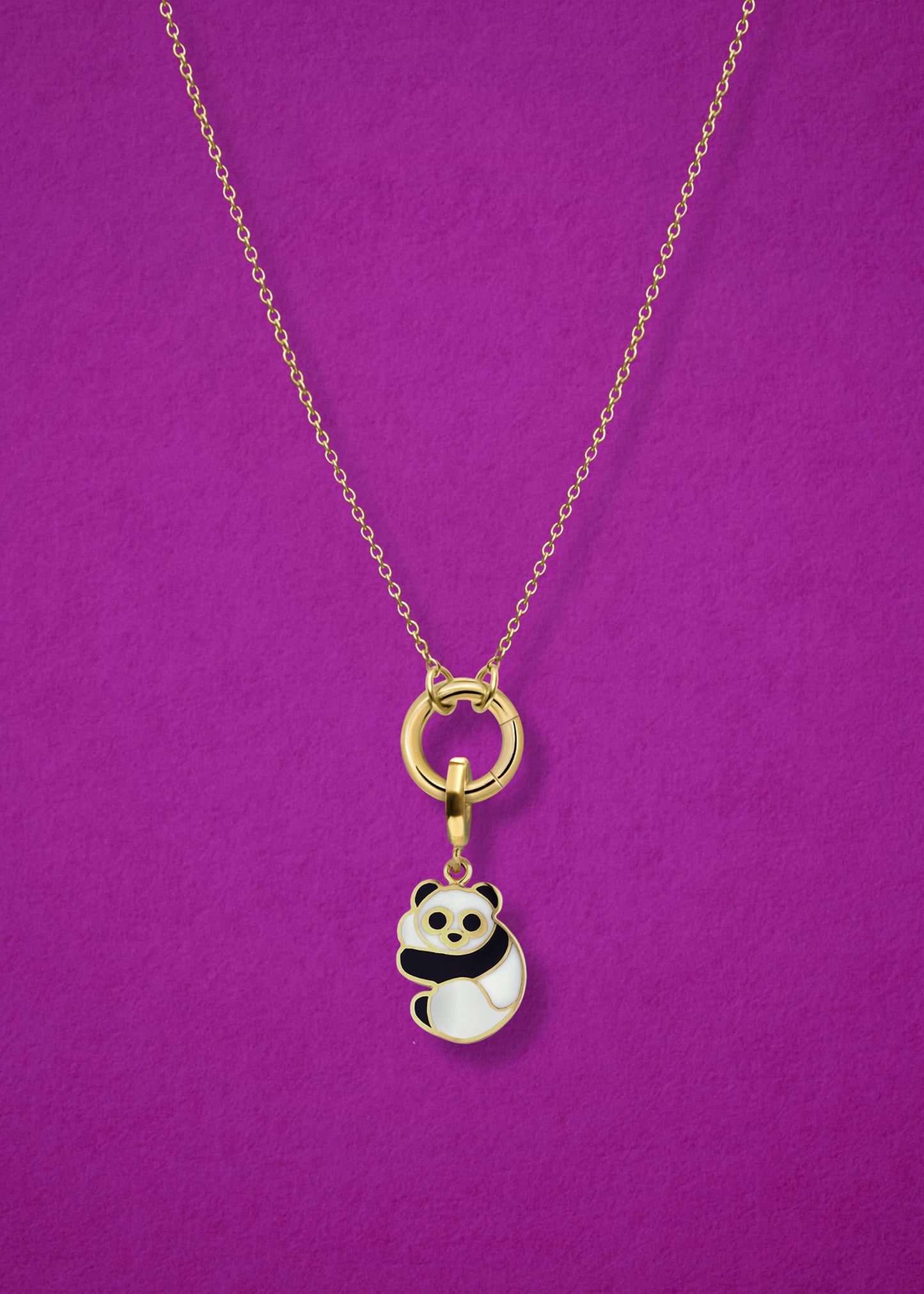 Close-up of the Panda Pals Charm paired with the Golden Grace Cable Chain, crafted in 14K solid gold by whywhy NYC, for a playful and chic jewelry style.