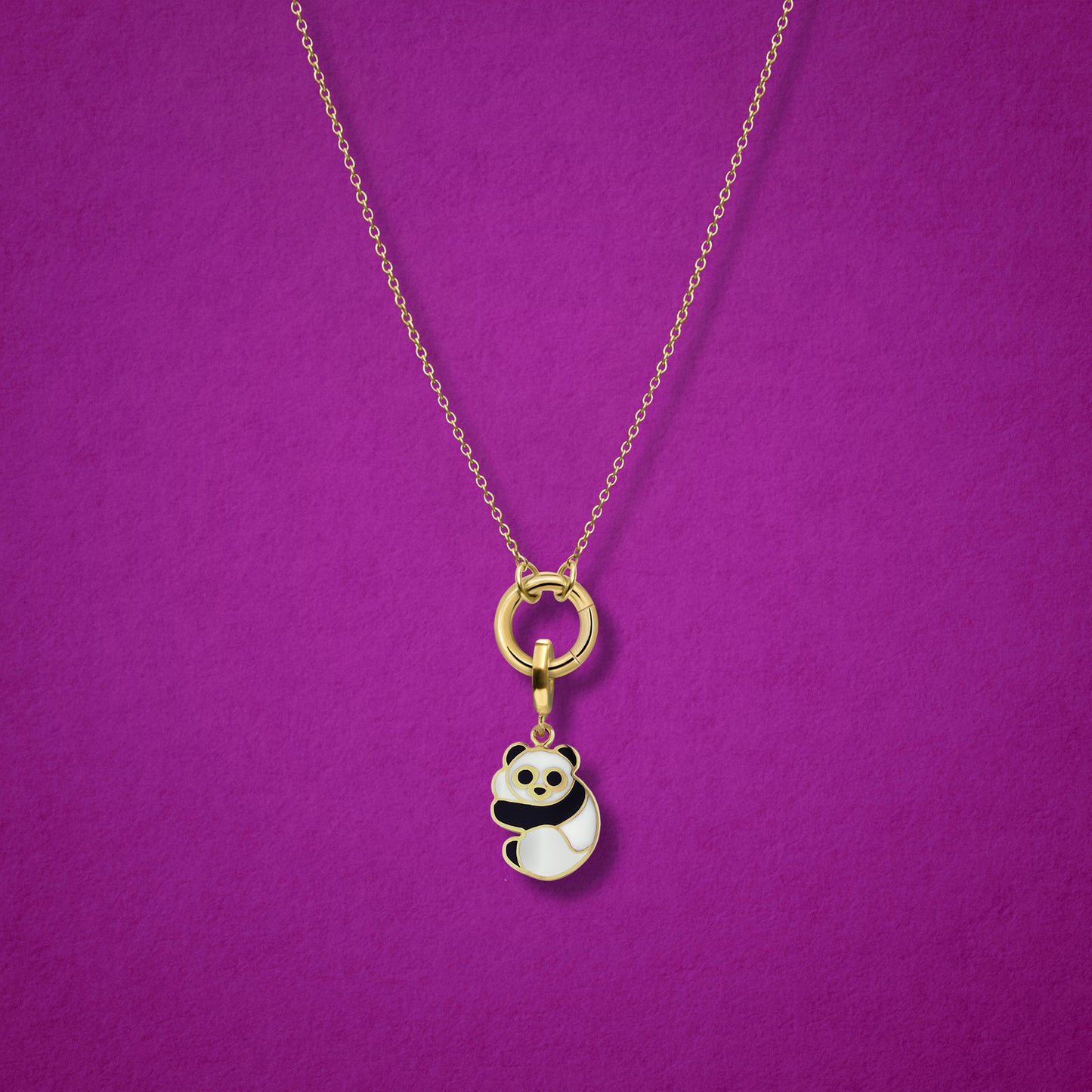 Close-up of the Panda Pals Charm paired with the Golden Grace Cable Chain, crafted in 14K solid gold by whywhy NYC, for a playful and chic jewelry style.