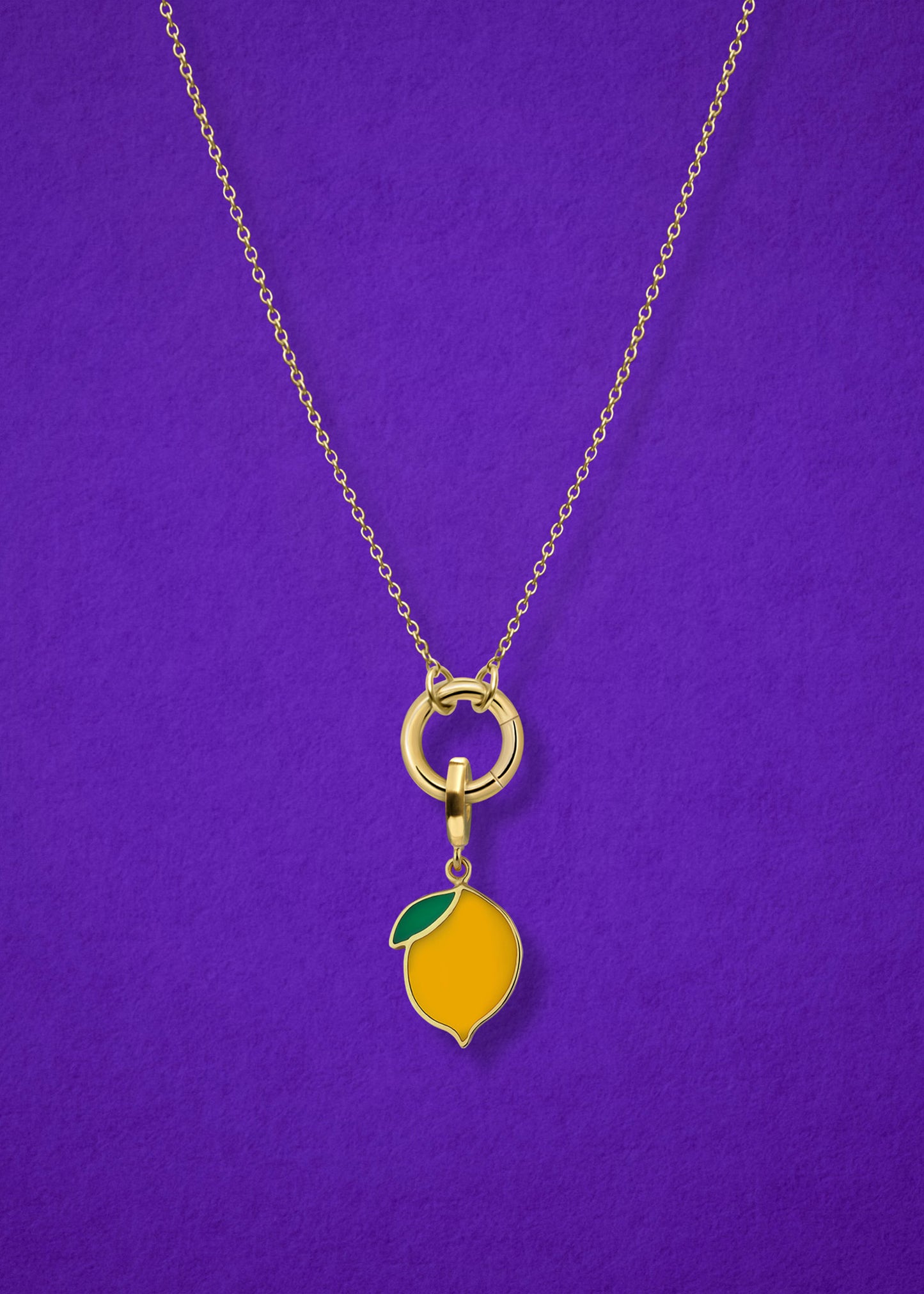 Close-up of the Zesty Lemon Charm paired with the Golden Grace Cable Chain, crafted in 14K solid gold by whywhy NYC, for a fresh and vibrant jewelry style.