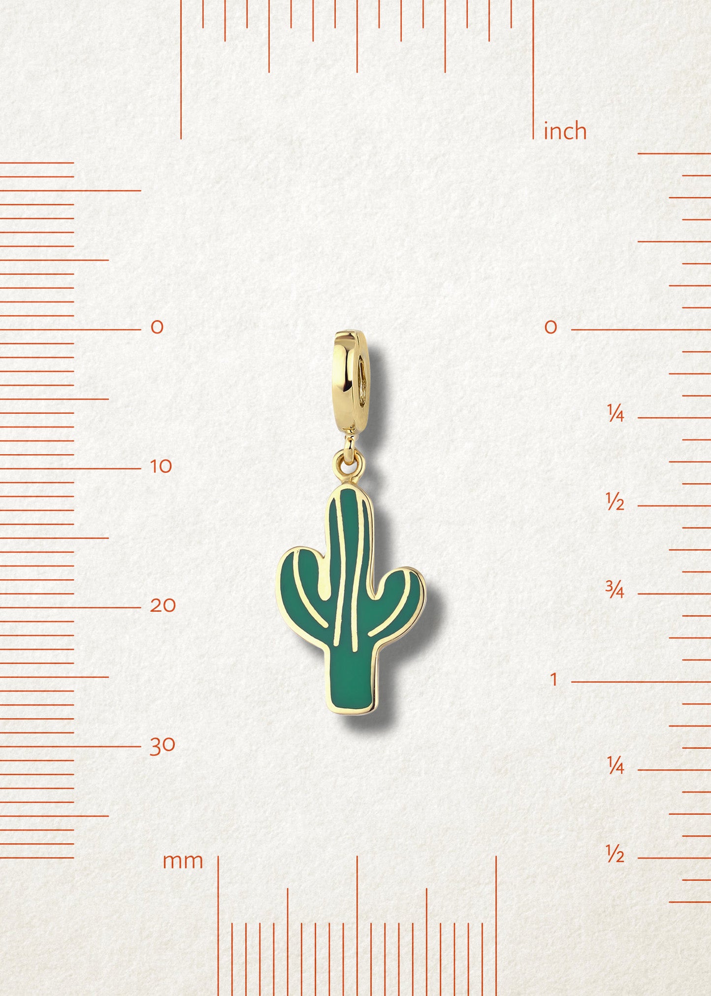 Measurement view of Desert Bloom Charm by whywhy NYC, 14K gold cactus charm with enamel, approx. 27mm length.
