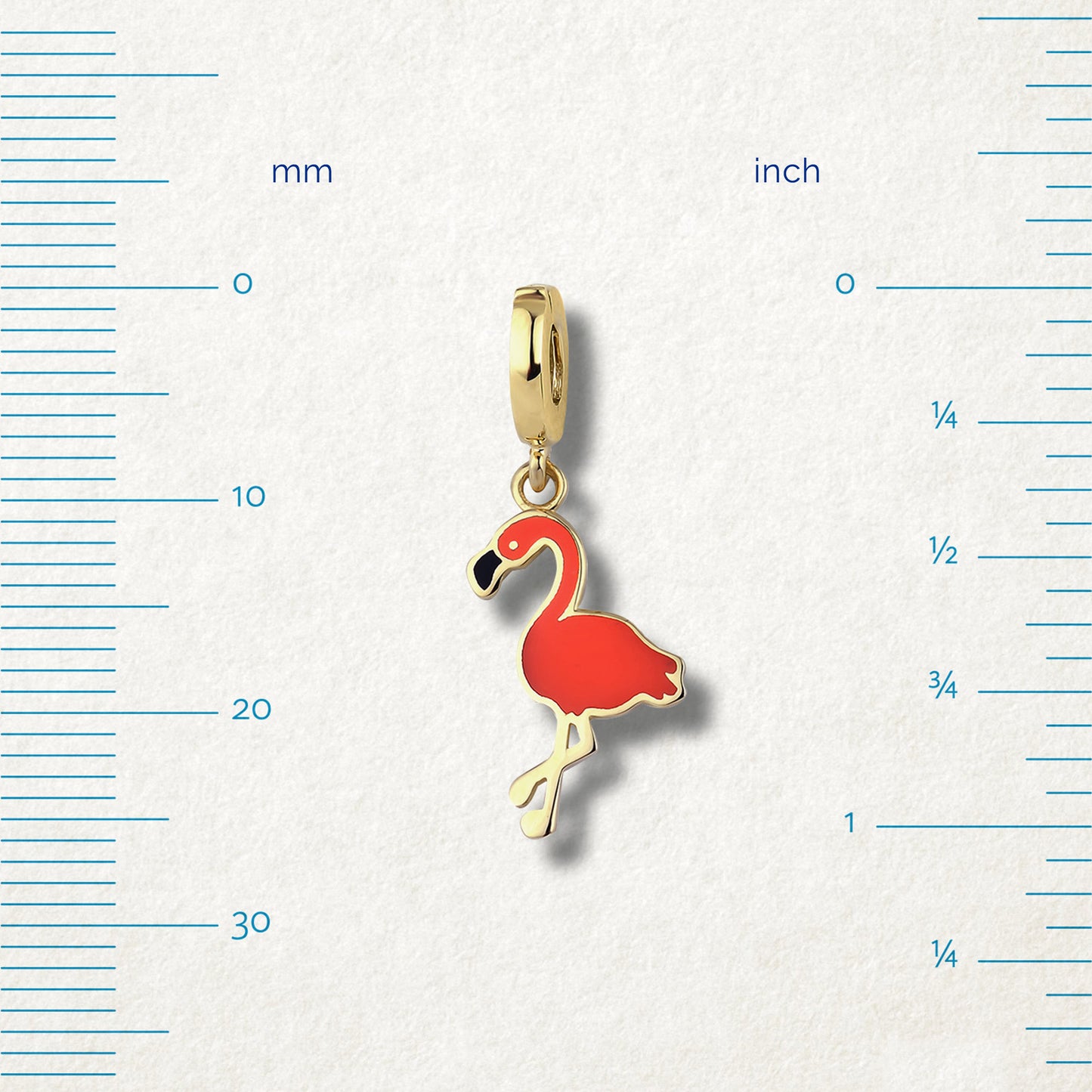 Size view of Flamingo Flair Charm by whywhy NYC, 14K gold and orange enamel charm, approx. 25mm length.
