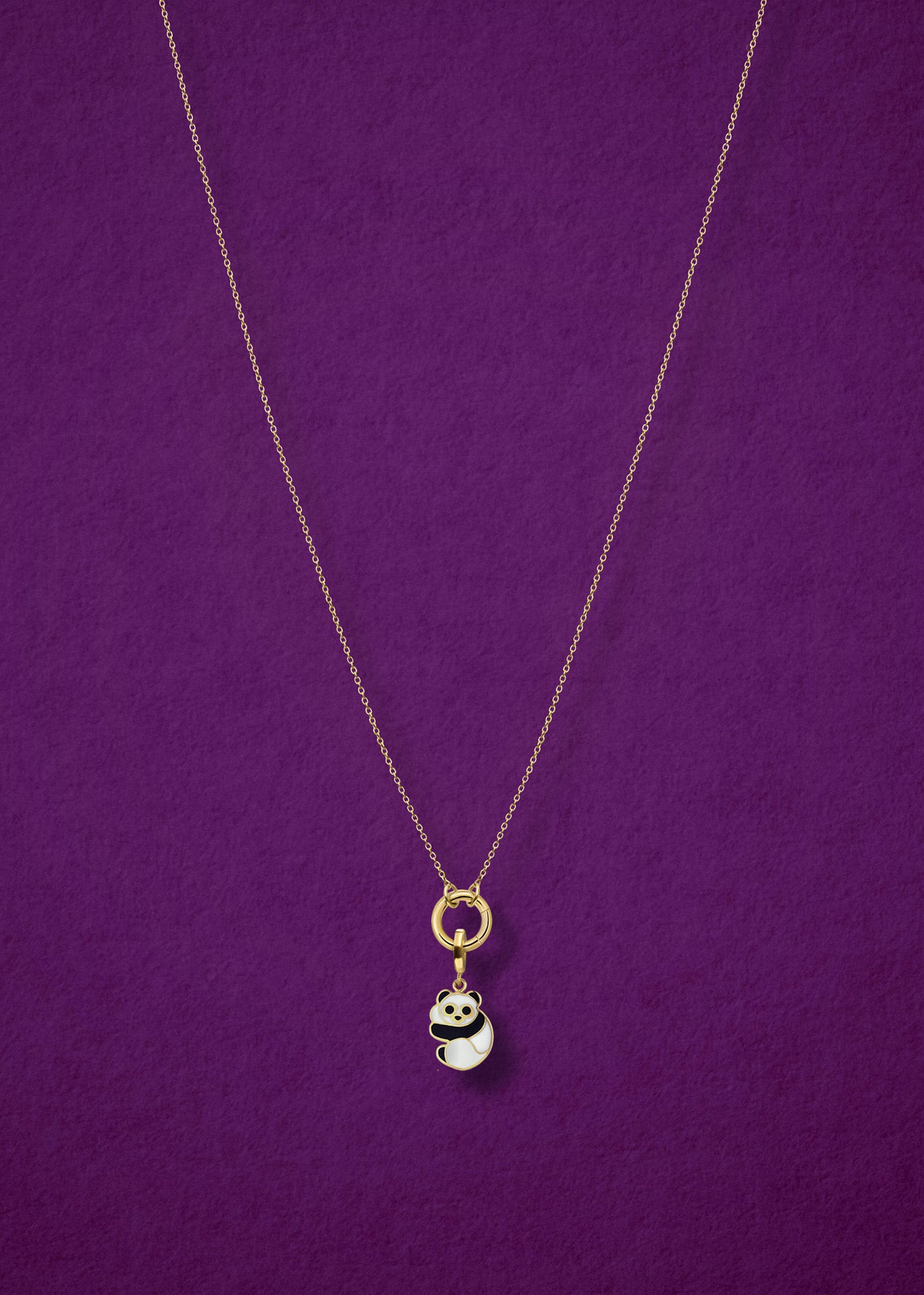 Golden Grace Panda Pals Charm Necklace in full view, showcasing a 14K solid gold cable chain, golden link charm holder, and panda pals charm with black and white enamel by whywhy NYC.
