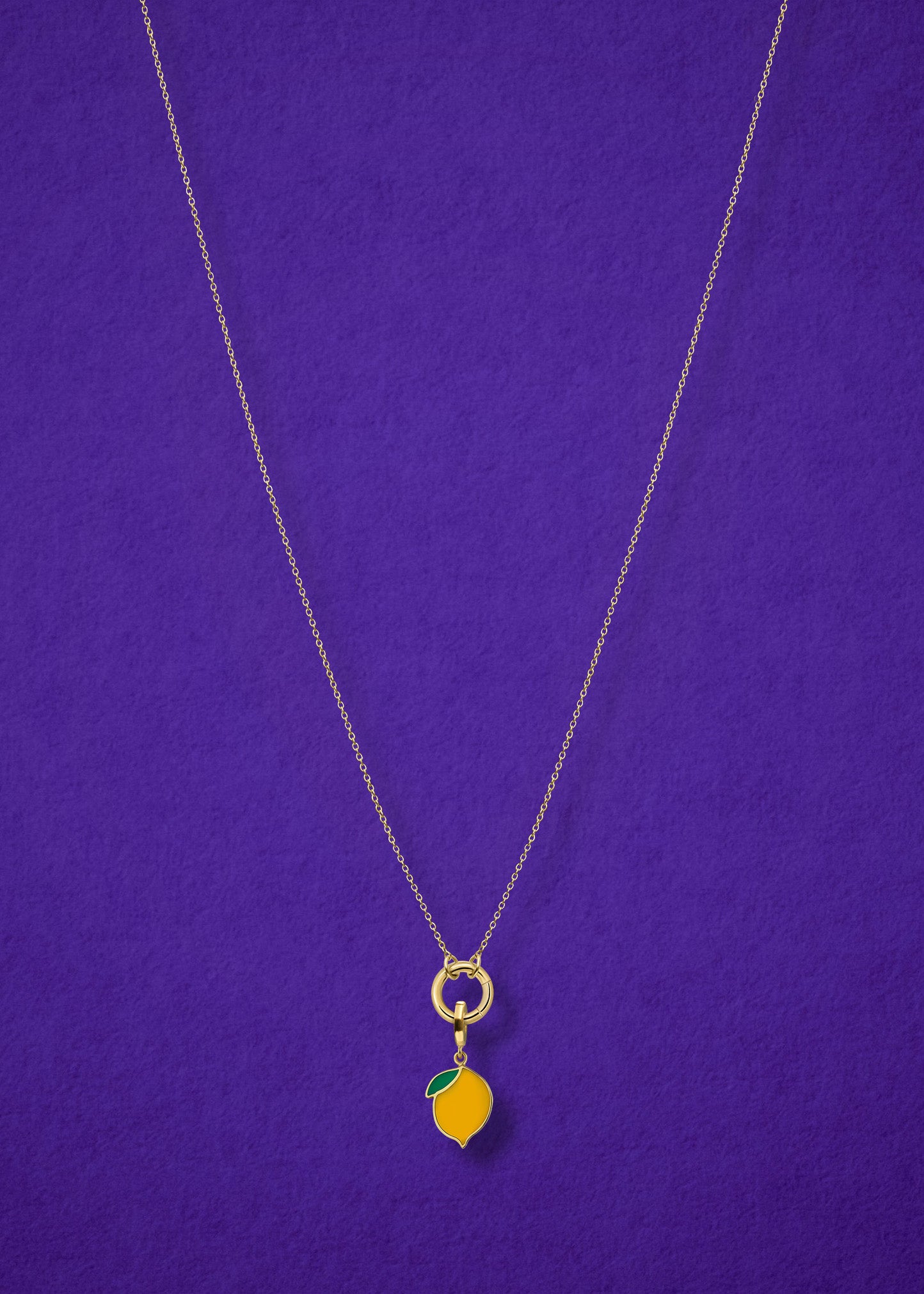 Golden Grace Zesty Lemon Charm Necklace in full view, showcasing a 14K solid gold cable chain, golden link charm holder, and zesty lemon charm with yellow enamel by whywhy NYC.