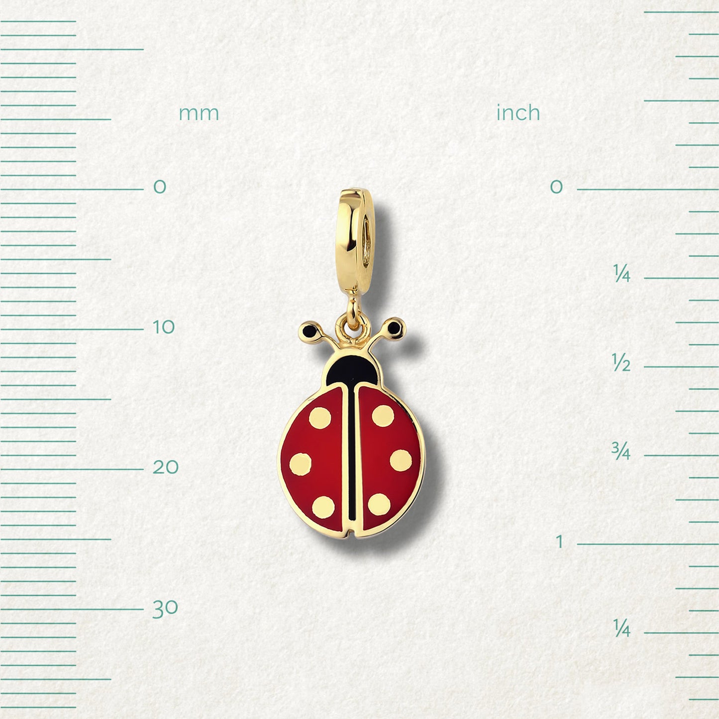 Measurement view of Lucky Ladybird Charm by whywhy NYC, 14K gold ladybird charm, approx. 24mm in length.