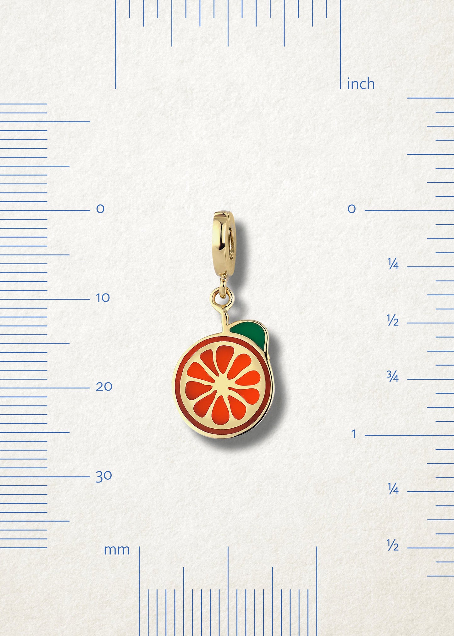 Size view of Orange Crush Charm by whywhy NYC, 14K gold and orange enamel, approx. 27mm in length.
