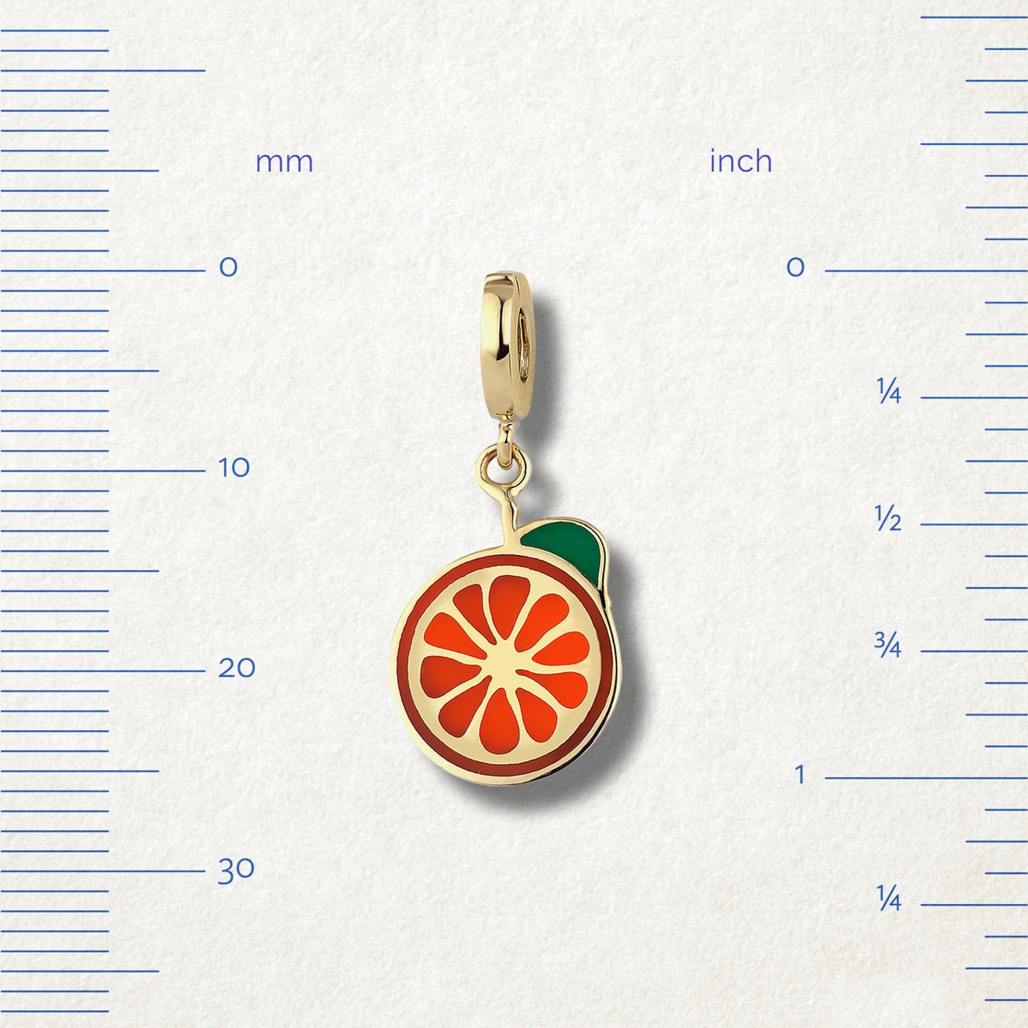 Size view of Orange Crush Charm by whywhy NYC, 14K gold and orange enamel, approx. 27mm in length.