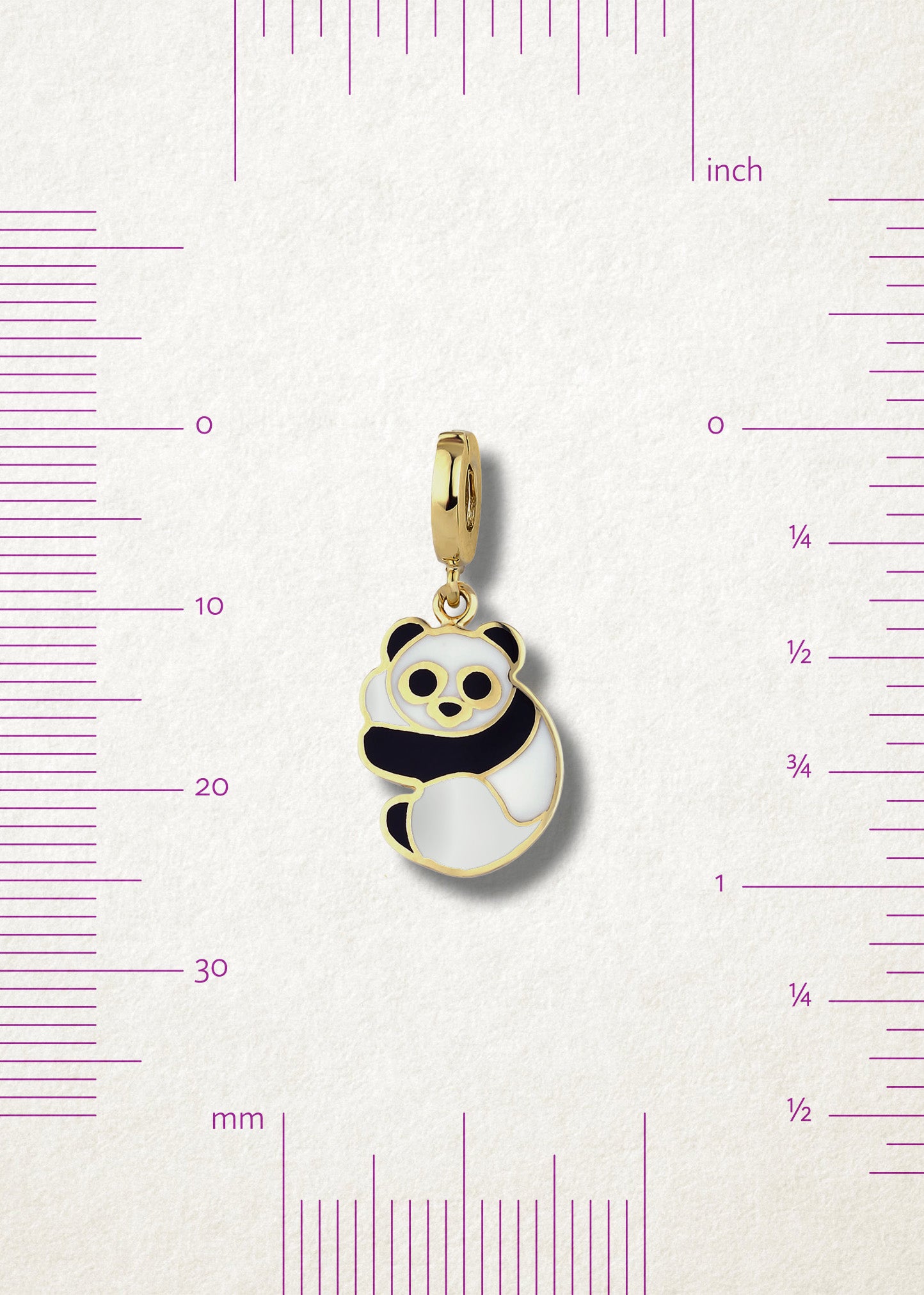 Measurement view of Panda Pals Charm by whywhy NYC, 14K gold charm with black and white enamel, approx. 24mm in length.