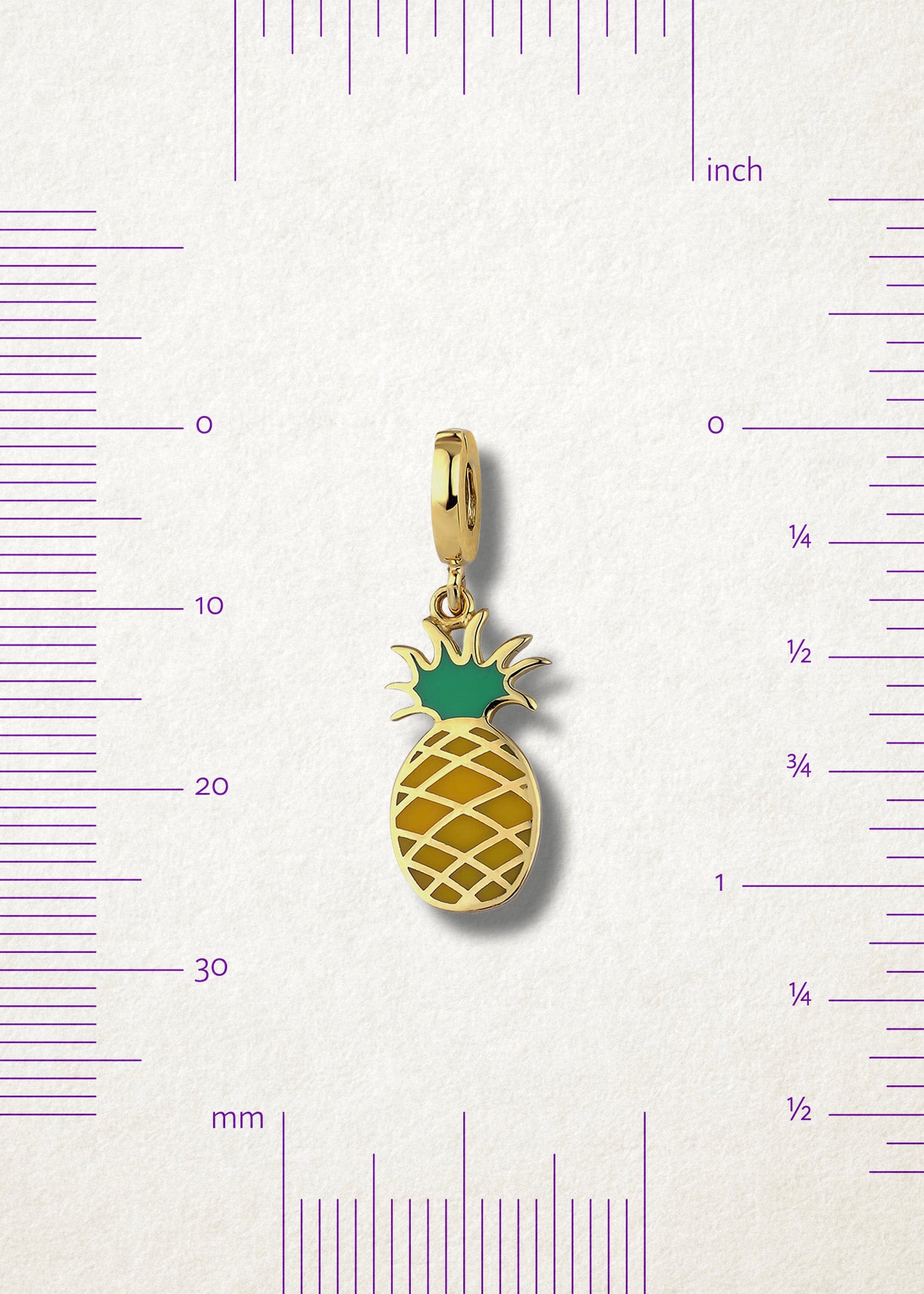 Measurement view of Pineapple Paradise Charm by whywhy NYC, 14K gold and enamel, approx. 26mm in length.