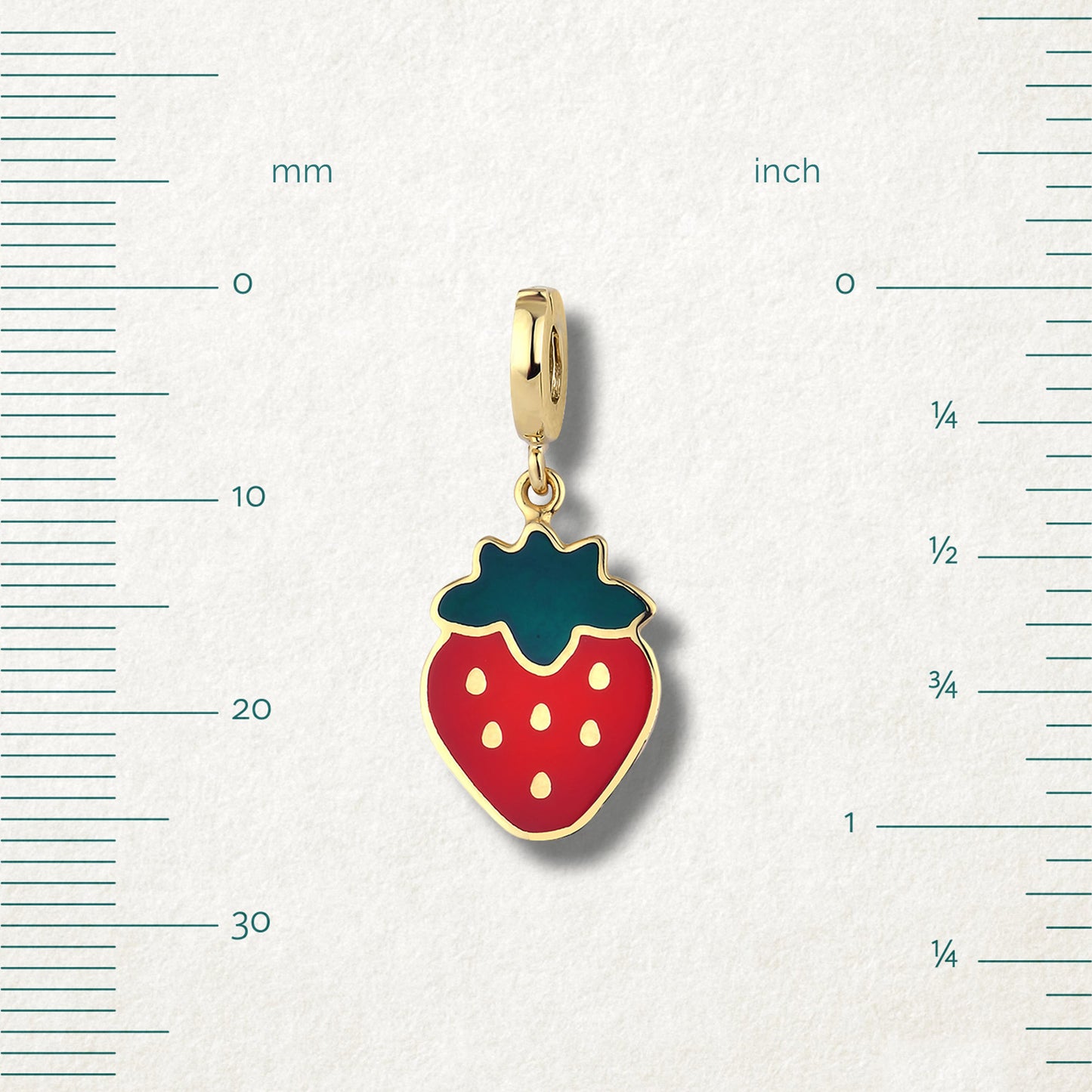 Size view of Sweet Strawberry Delight Charm by whywhy NYC, 14K gold and red enamel, approx. 26mm in length.