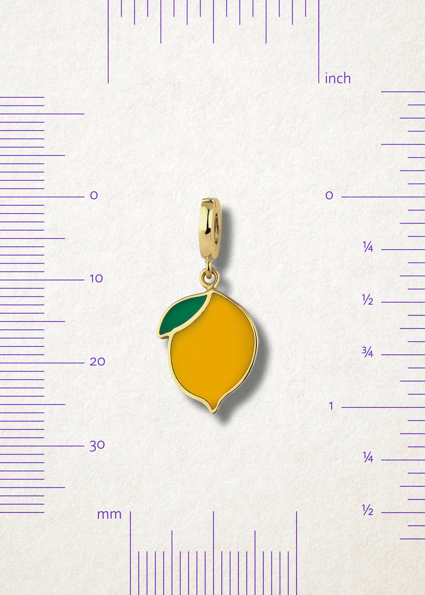 Size view of Zesty Lemon Zing Charm by whywhy NYC, 14K gold lemon charm, approx—26 mm length.