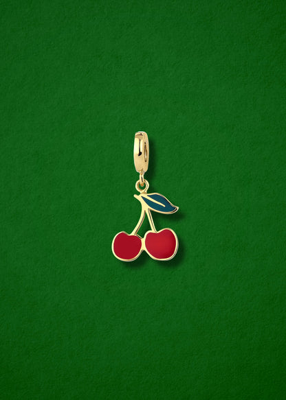 Cherry on Top Charm in 14K solid gold with rich red enamel by whywhy NYC, bold charm for jewelry stacking.