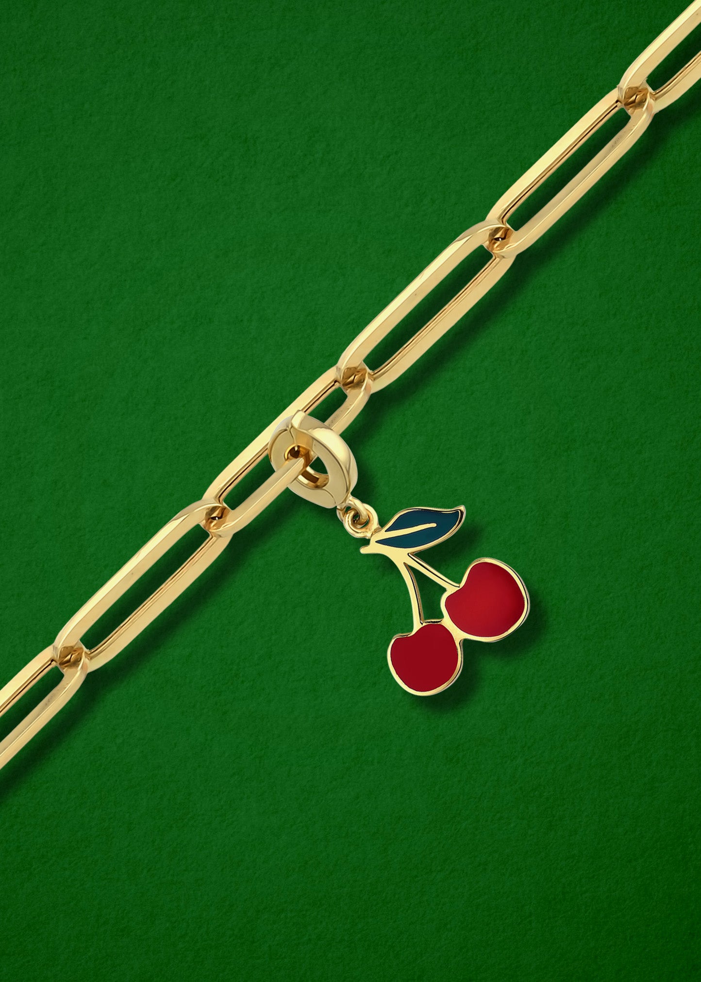 Cherry on Top Charm in 14K gold and red enamel on chain, statement cherry charm necklace by whywhy NYC.