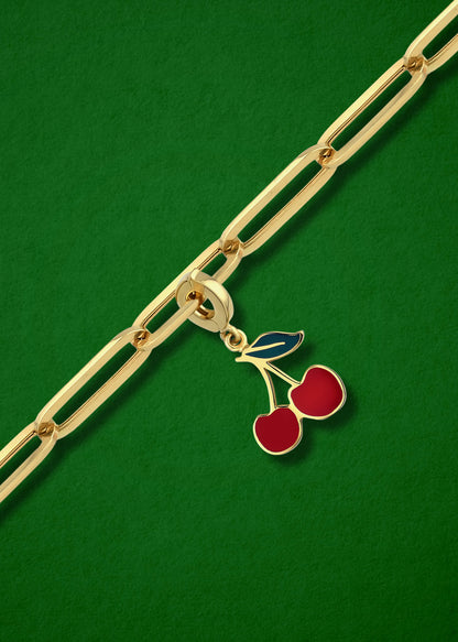 Cherry on Top Charm in 14K gold and red enamel on chain, statement cherry charm necklace by whywhy NYC.