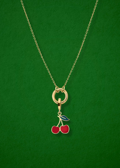 Close-up of the Cherry on Top Charm paired with the Golden Grace Cable Chain, crafted in 14K solid gold by whywhy NYC, for a playful and vibrant jewelry style.