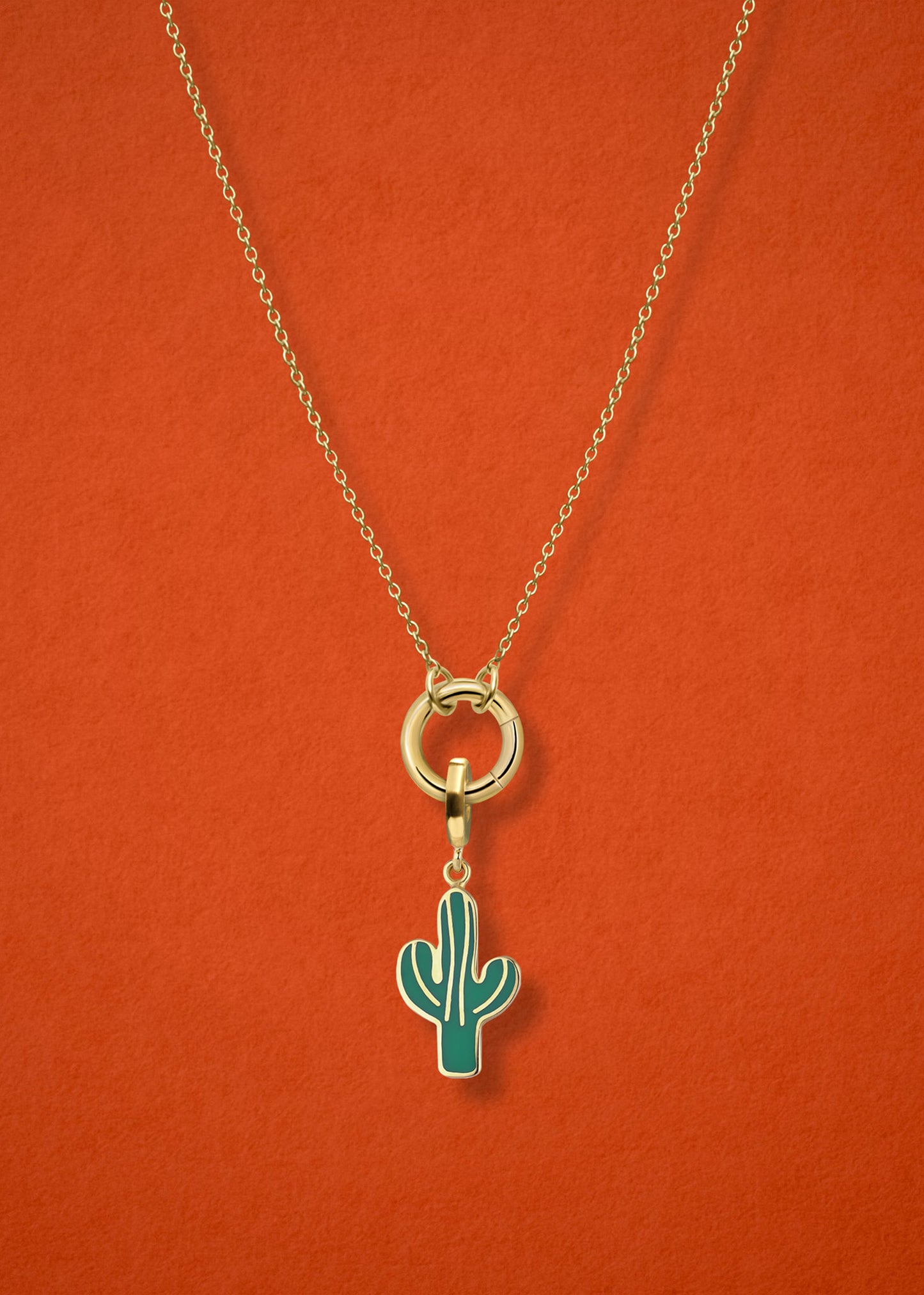 Close-up of the Desert Bloom Charm paired with the Golden Grace Cable Chain, crafted in 14K solid gold by whywhy NYC, for a bold and nature-inspired jewelry style.