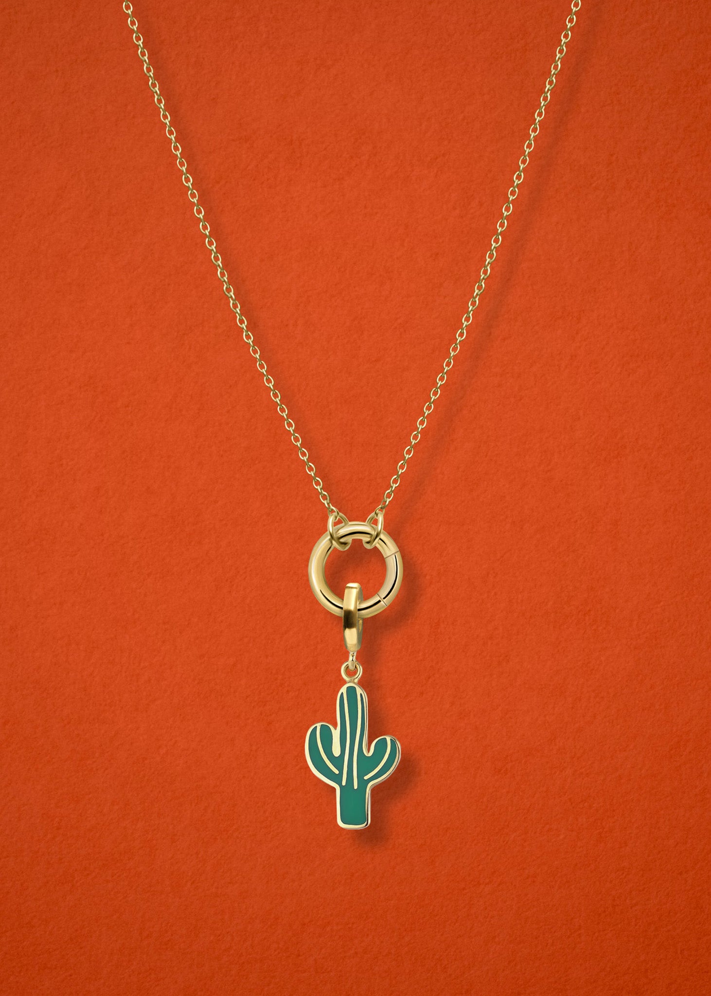 Close-up of the Desert Bloom Charm paired with the Golden Grace Cable Chain, crafted in 14K solid gold by whywhy NYC, for a bold and nature-inspired jewelry style.