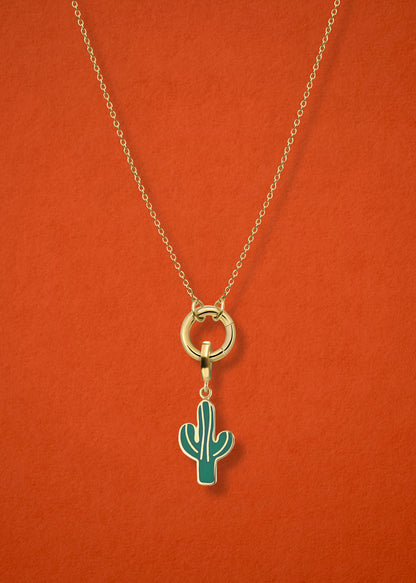 Close-up of the Desert Bloom Charm paired with the Golden Grace Cable Chain, crafted in 14K solid gold by whywhy NYC, for a bold and nature-inspired jewelry style.