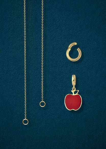 Close-up of the separated Golden Grace Apple Charm Necklace components: 14K solid gold cable chain, golden link charm holder, and golden apple of NYC charm with red enamel by whywhy NYC.