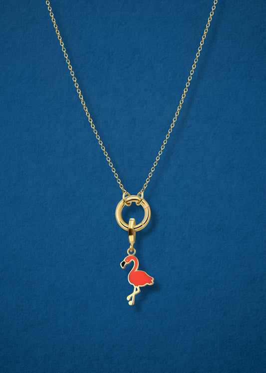 Close-up of the Golden Grace Flamingo Flair Charm Necklace, featuring a 14K solid gold cable chain, a golden charm holder, and a flamingo flair charm with vibrant orange enamel by whywhy NYC.