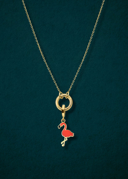 Close-up of the Golden Grace Cable Chain paired with the Flamingo Flair Charm by whywhy NYC, featuring sleek 14K solid gold and bold enamel for a tropical, playful touch.