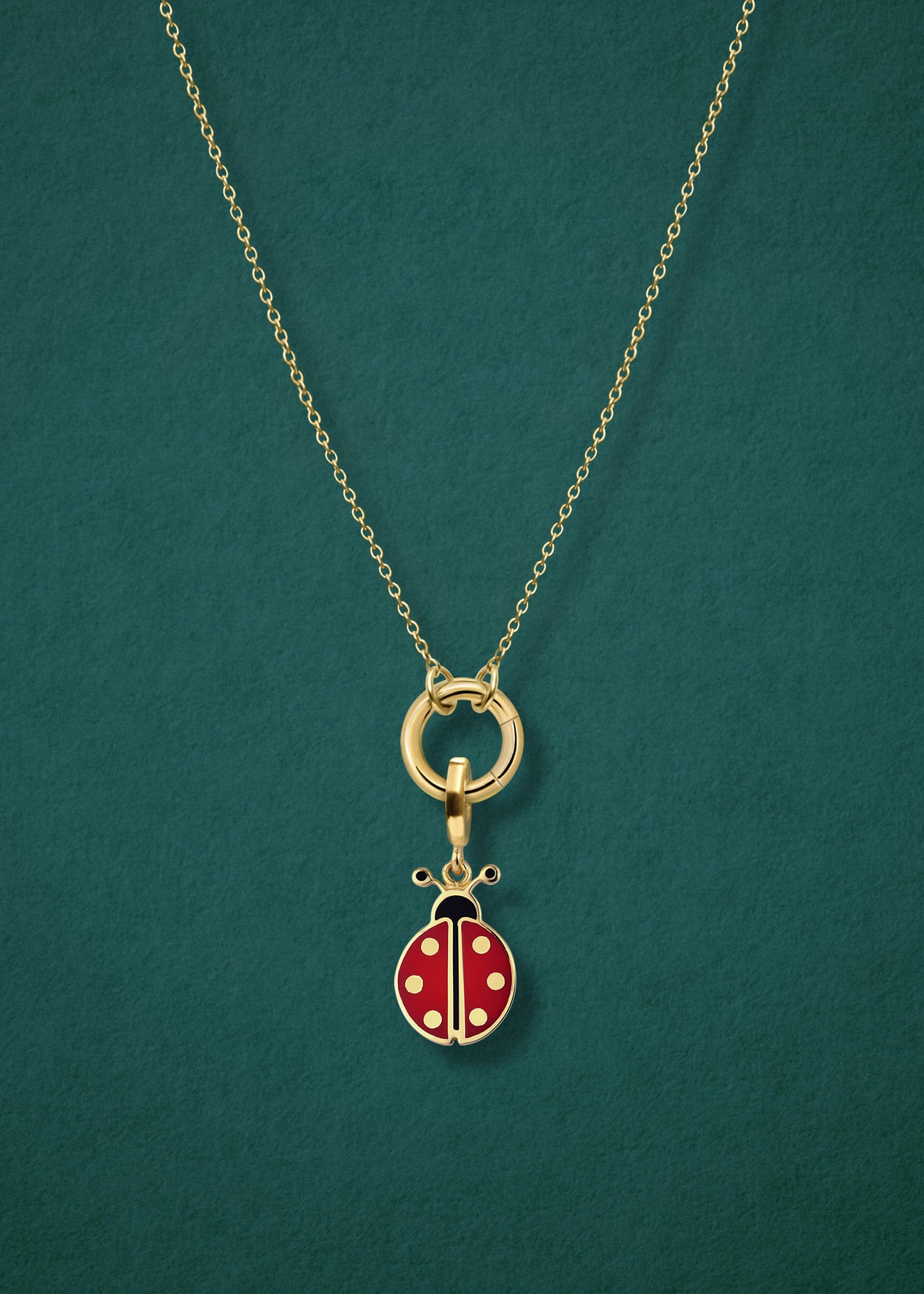 Close-up of the Golden Grace Lucky Ladybird Charm Necklace, featuring a 14K solid gold cable chain, a golden charm holder, and a lucky ladybird charm with red and black enamel by whywhy NYC.