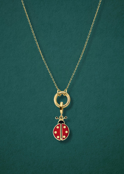 Close-up of the Golden Grace Lucky Ladybird Charm Necklace, featuring a 14K solid gold cable chain, a golden charm holder, and a lucky ladybird charm with red and black enamel by whywhy NYC.