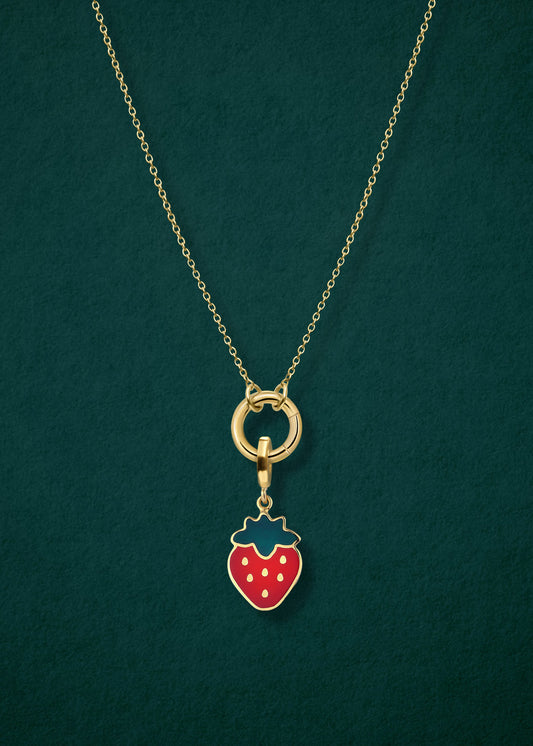Close-up of the Golden Grace Sweet Strawberry Charm Necklace, featuring a 14K solid gold cable chain, a golden link charm holder, and a sweet strawberry charm with red enamel by whywhy NYC.