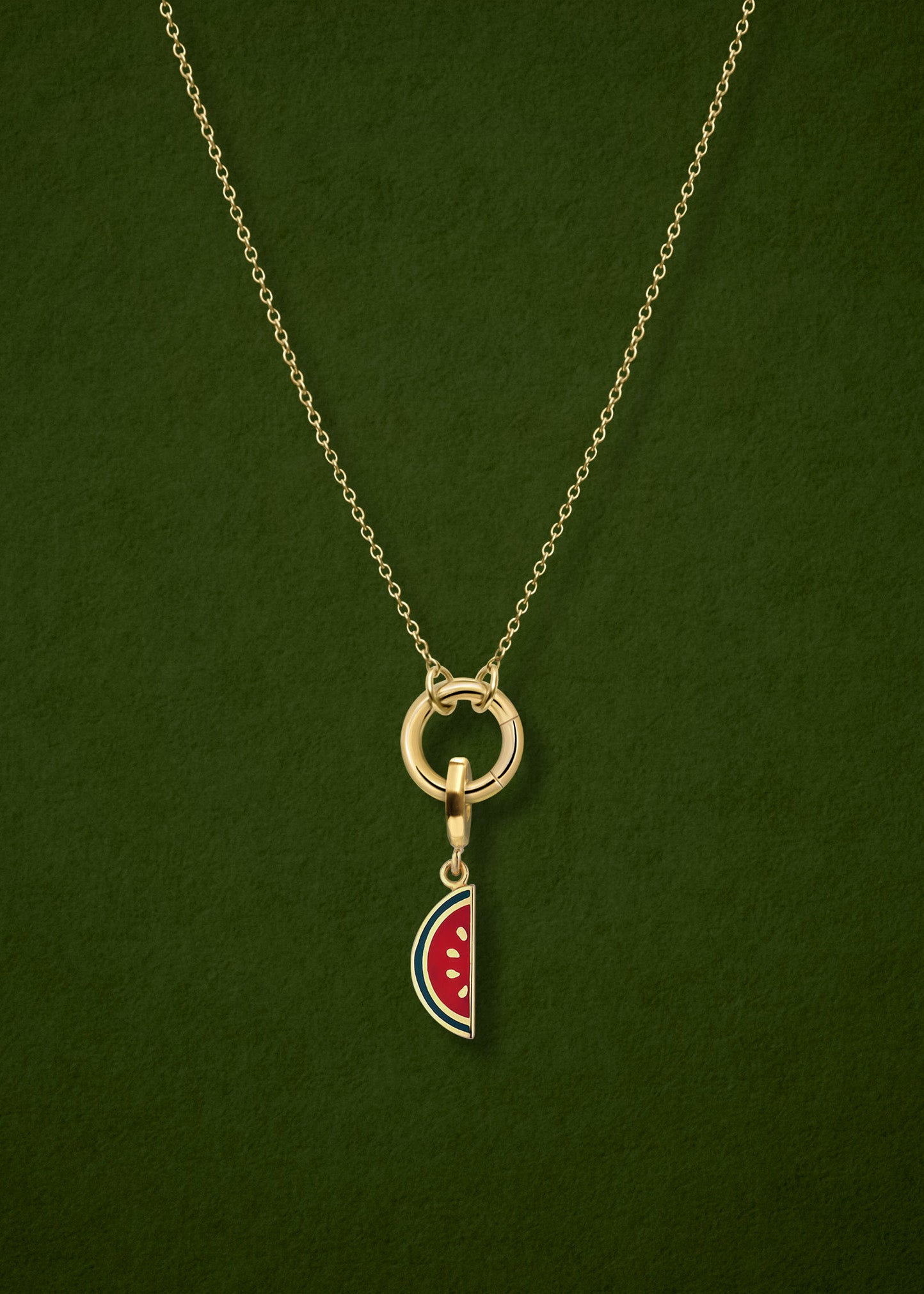 Close-up of the Golden Grace Watermelon Wonder Charm Necklace, featuring a 14K solid gold cable chain, a golden link charm holder, and a watermelon wonder charm with pink and green enamel by whywhy NYC.