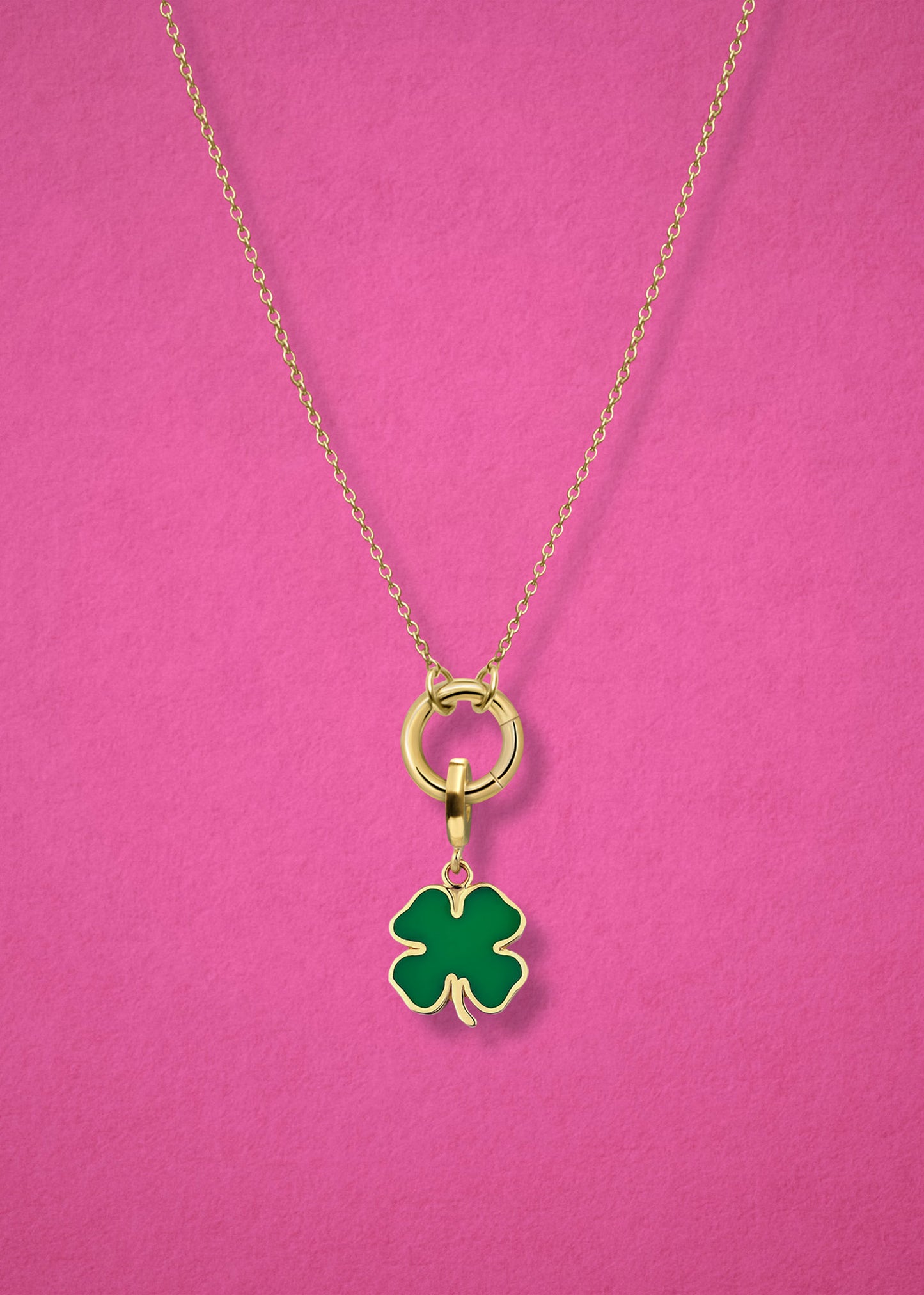Close-up of the Lucky Clover Charm paired with the Golden Grace Cable Chain, crafted in 14K solid gold by whywhy NYC, for a bold and meaningful jewelry combination.