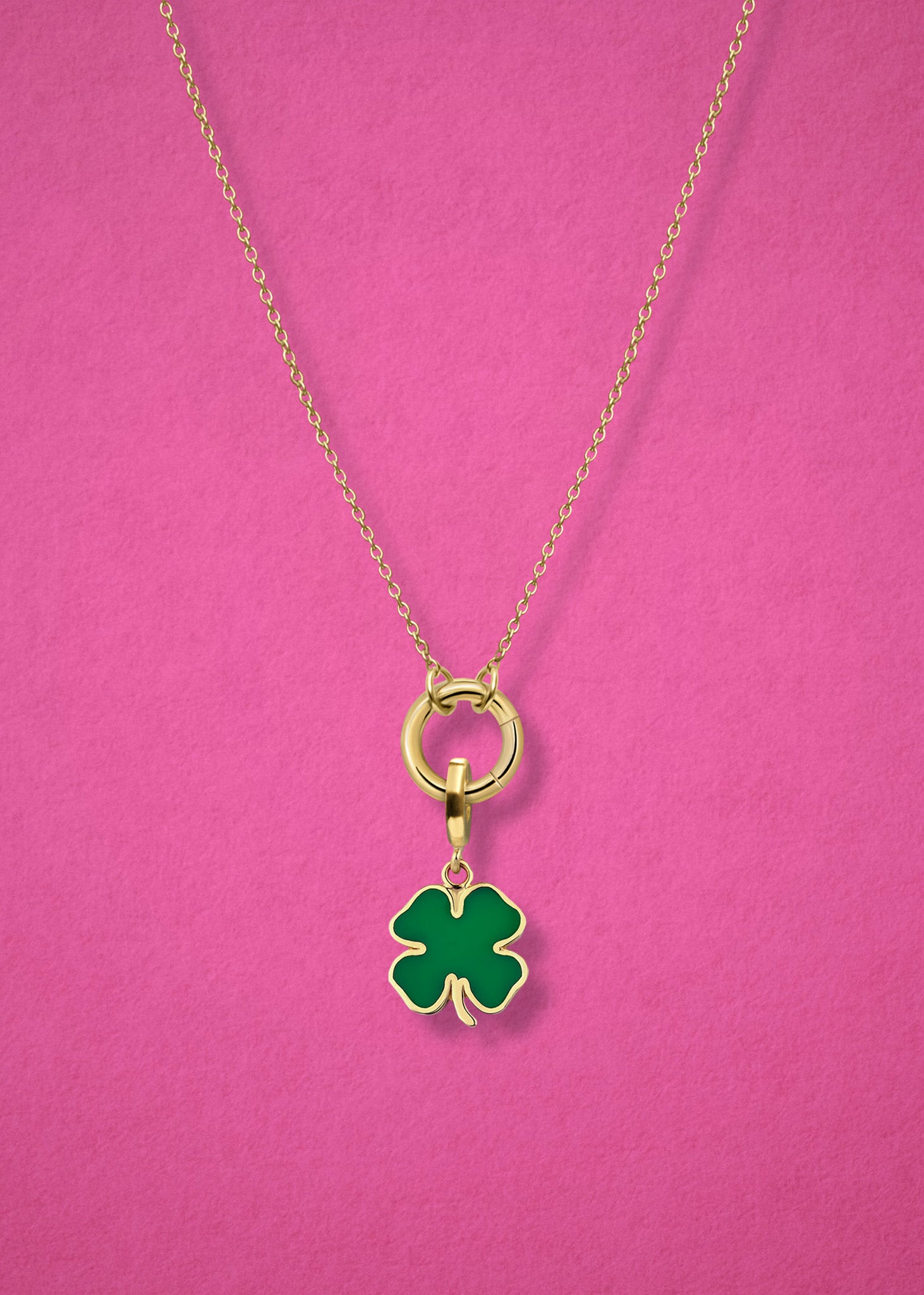 Close-up of the Lucky Clover Charm paired with the Golden Grace Cable Chain, crafted in 14K solid gold by whywhy NYC, for a bold and meaningful jewelry combination.
