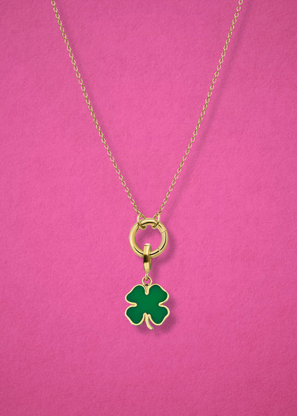 Close-up of the Lucky Clover Charm paired with the Golden Grace Cable Chain, crafted in 14K solid gold by whywhy NYC, for a bold and meaningful jewelry combination.