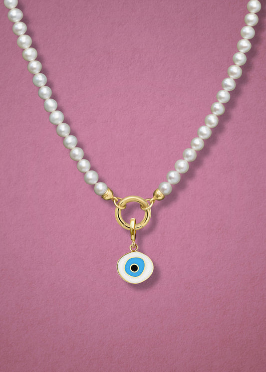 Lustrous Pearl Azure Organic Evil Eye Necklace