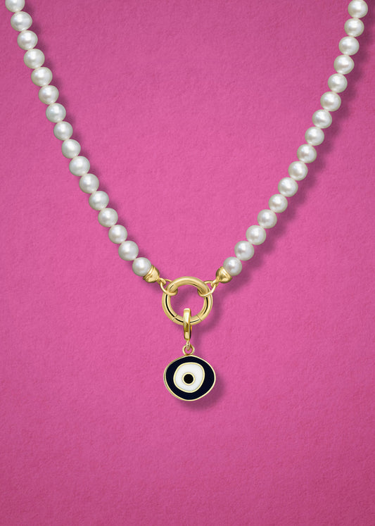 Lustrous Pearl Obsidian Organic Evil Eye Necklace