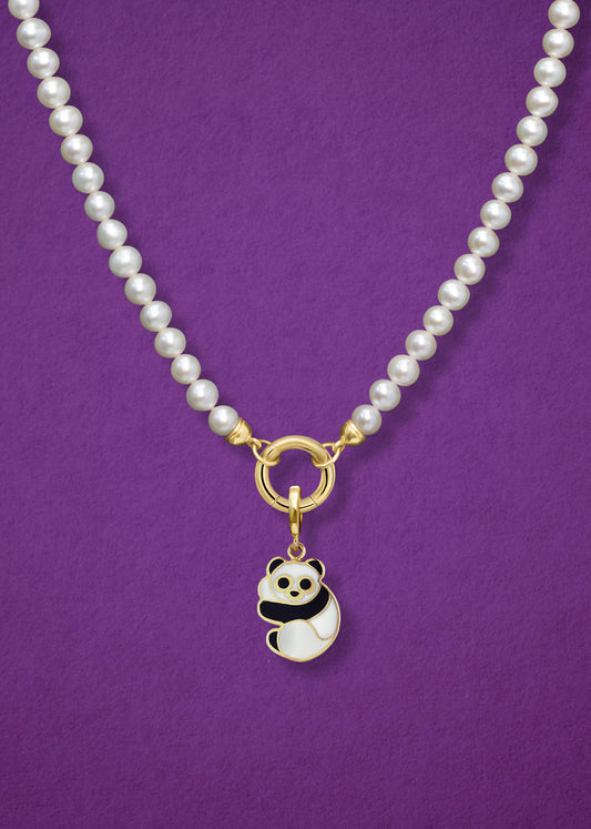 Close-up of the Lustrous Pearl Panda Pals Charm Necklace, featuring freshwater pearls, a golden link charm holder, and a panda pals charm in 14K solid gold by whywhy NYC.