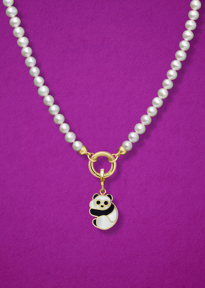 Close-up of the Panda Pals Charm paired with the Lustrous Pearl Charm Necklace by whywhy NYC, featuring 14K solid gold and freshwater pearls for a whimsical and elegant look.
