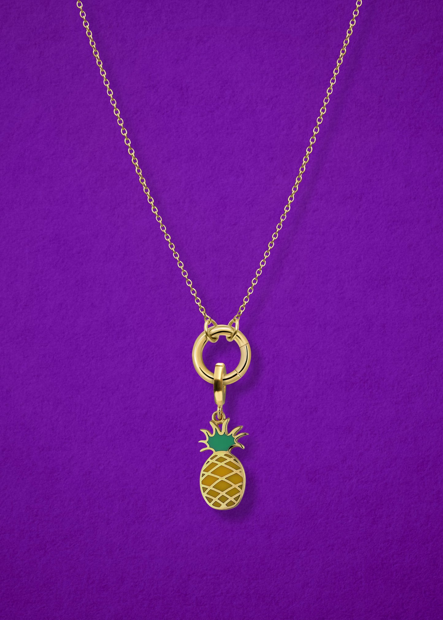 Close-up of the Pineapple Paradise Charm paired with the Golden Grace Cable Chain, crafted in 14K solid gold by whywhy NYC, for a playful and tropical jewelry look.