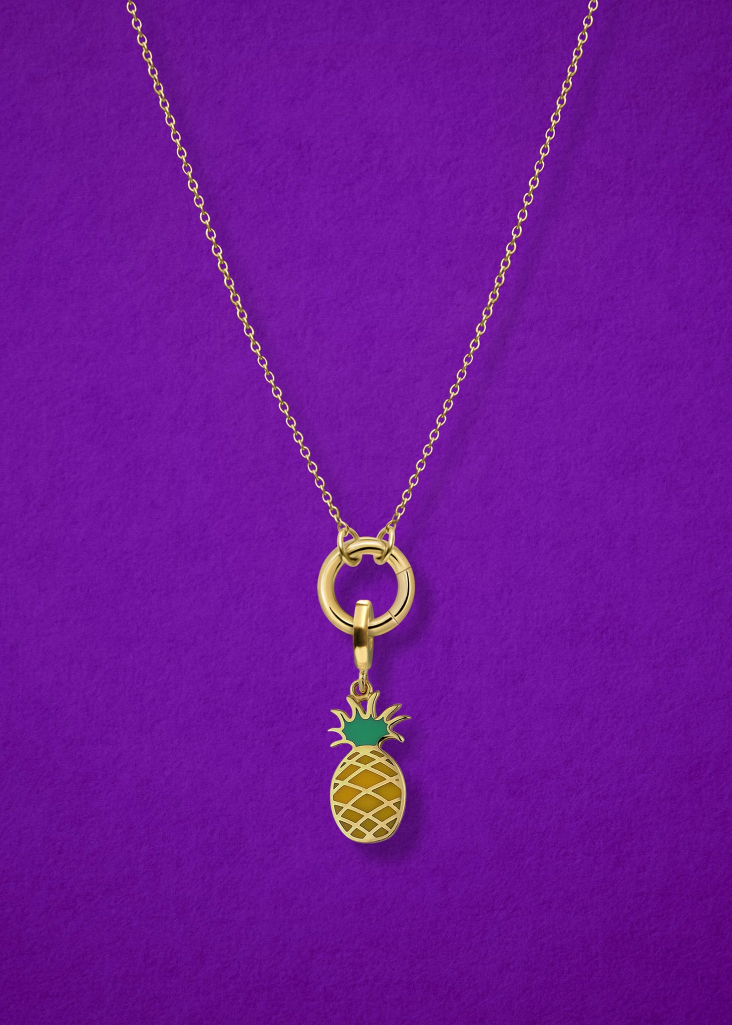 Close-up of the Pineapple Paradise Charm paired with the Golden Grace Cable Chain, crafted in 14K solid gold by whywhy NYC, for a playful and tropical jewelry look.