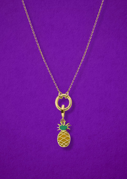 Close-up of the Pineapple Paradise Charm paired with the Golden Grace Cable Chain, crafted in 14K solid gold by whywhy NYC, for a playful and tropical jewelry look.