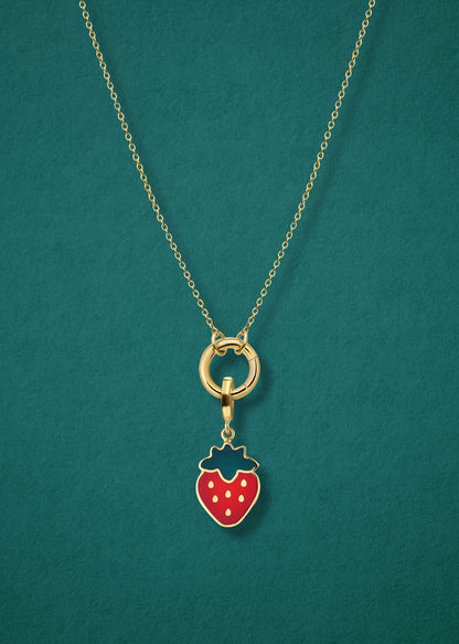Close-up of the Sweet Strawberry Delight Charm paired with the Golden Grace Cable Chain, crafted in 14K solid gold by whywhy NYC, for a vibrant and playful jewelry style.