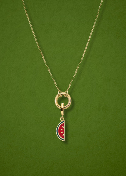 Close-up of the Watermelon Wonder Charm paired with the Golden Grace Cable Chain, crafted in 14K solid gold by whywhy NYC, for a fresh and playful jewelry look.