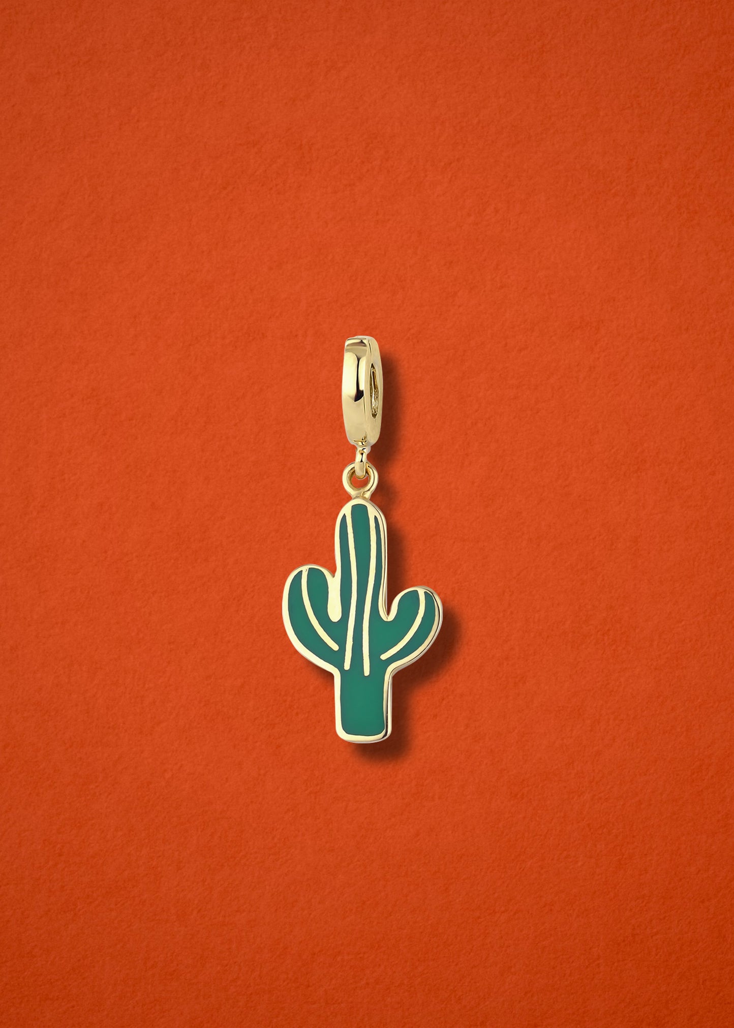 Desert Bloom Charm in solid 14K gold with vibrant enamel, cactus charm by whywhy NYC for boho jewelry.