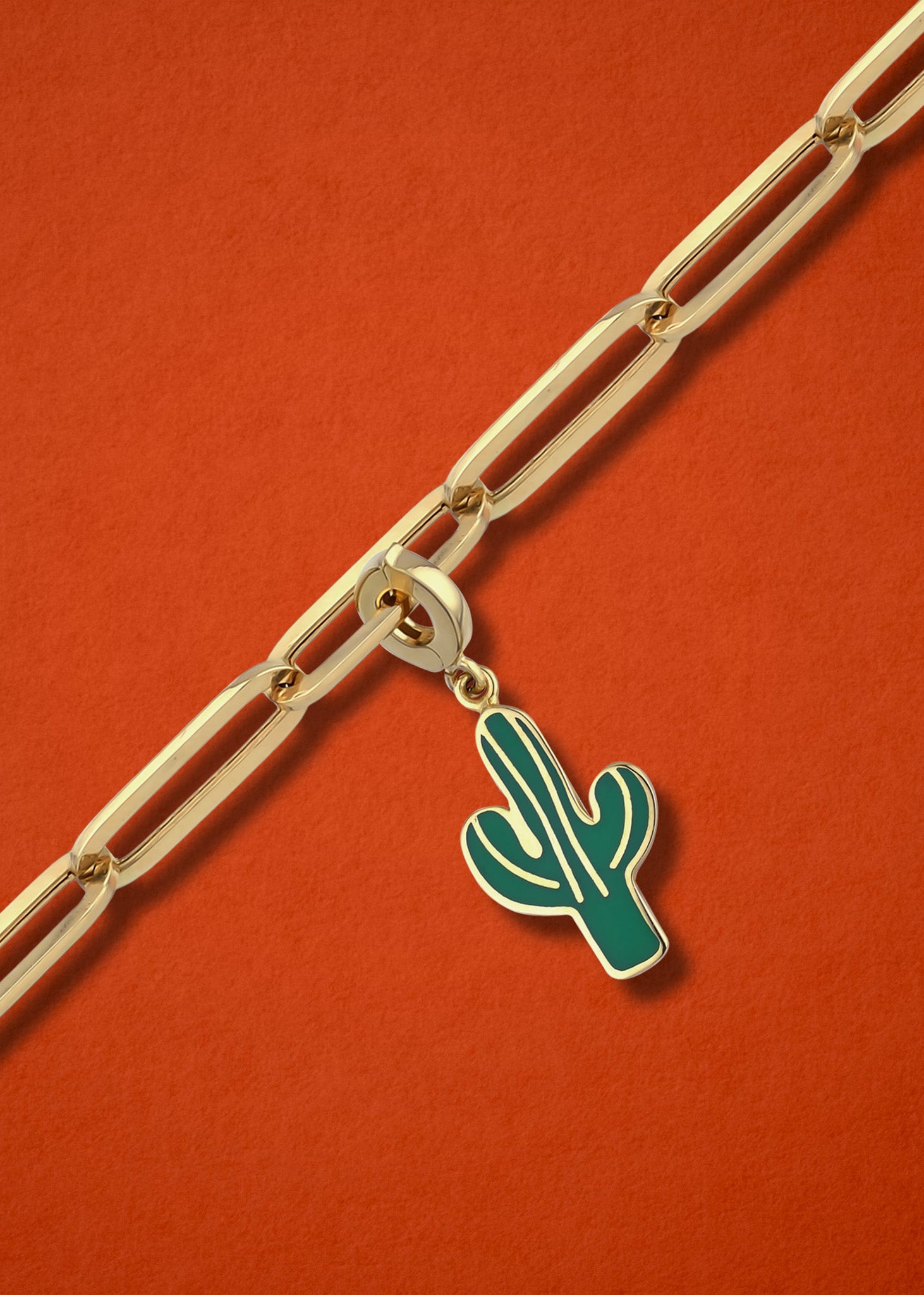 Desert Bloom Charm in 14K gold and vibrant enamel on a chain, cactus charm necklace by whywhy NYC.