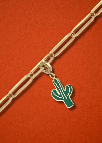 Desert Bloom Charm in 14K gold and vibrant enamel on a chain, cactus charm necklace by whywhy NYC.
