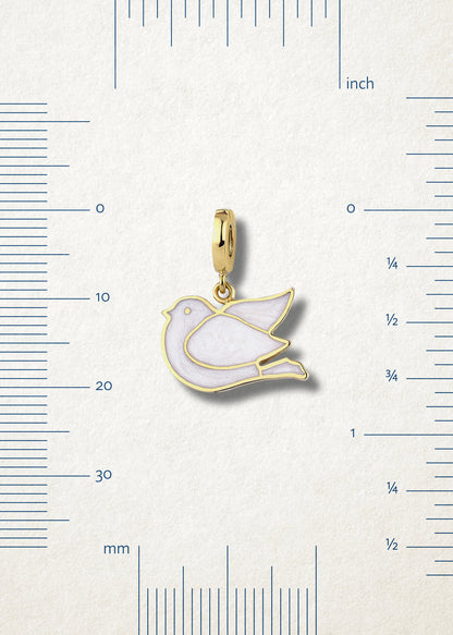 Measurement view of Dove of Hope Charm by whywhy NYC, 14K solid gold with white enamel, approximately 20mm in length.
