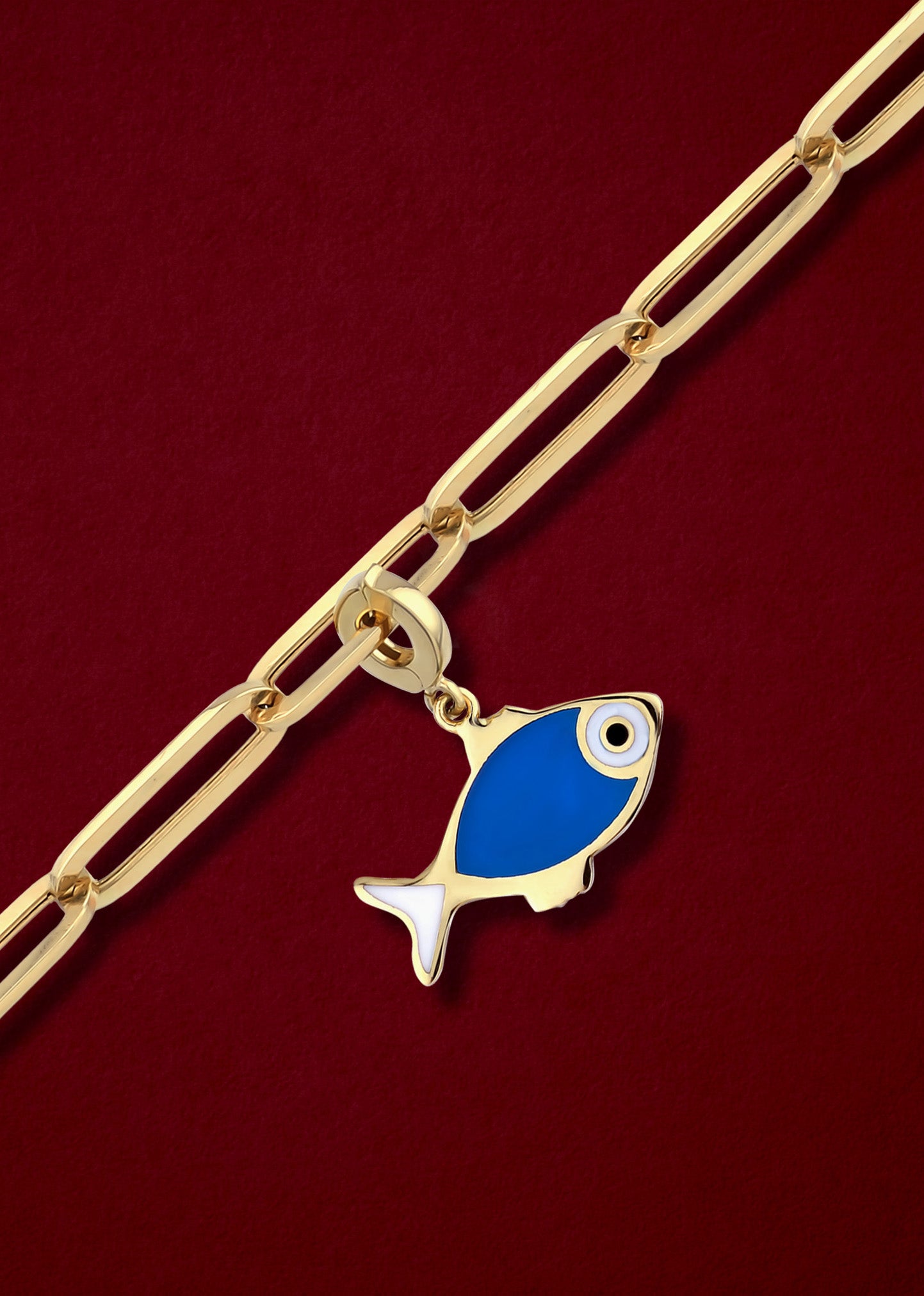 Fishy Wishes Charm in 14K gold with enamel on chain, ocean-themed charm necklace by whywhy NYC.