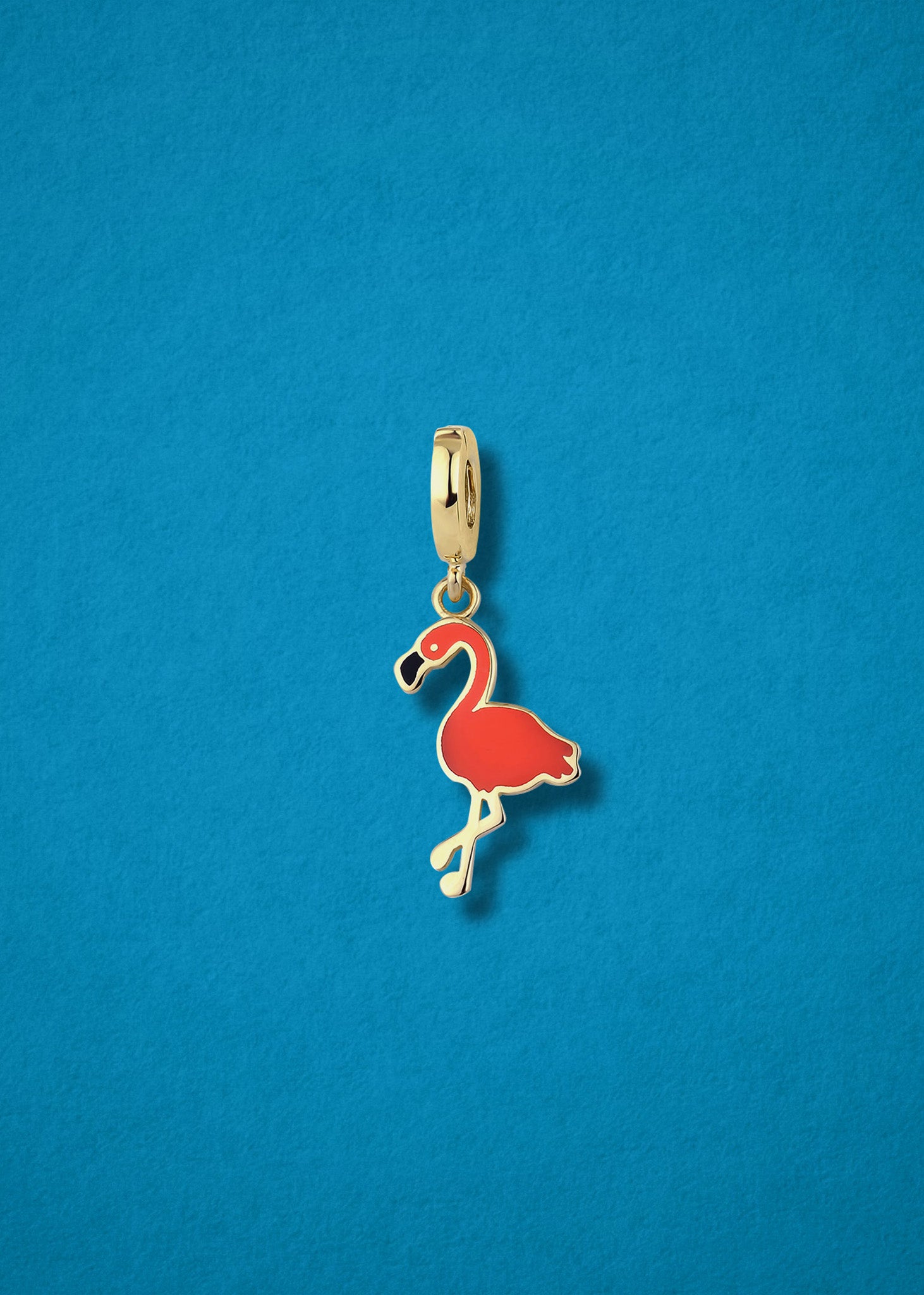 Flamingo Flair Charm in 14K solid gold with pink enamel by whywhy NYC, bold tropical charm for jewelry stacks.