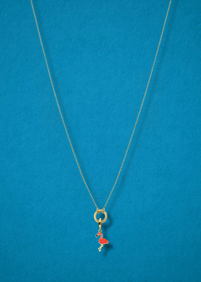Flamingo Flair Charm and Golden Grace Cable Chain connected with a 14K solid gold charm holder by whywhy NYC for a playful, tropical style.