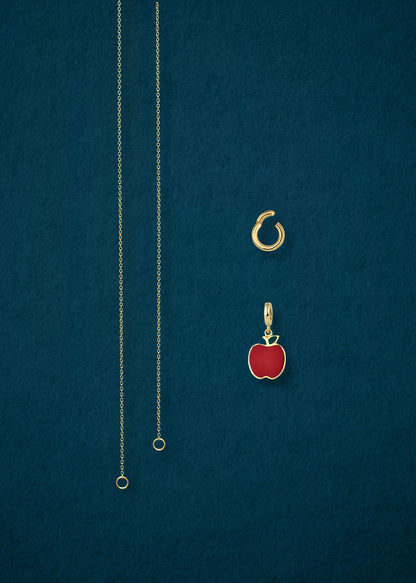 Separated components of the Golden Grace Apple Charm Necklace, including 14K solid gold cable chain, golden link charm holder, and golden apple of NYC charm with red enamel by whywhy NYC.